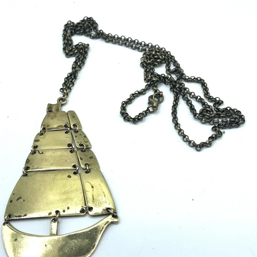 Nautical Ship Boat Brass Pendant  Necklace Oversized Articulated Ship - Picture 13 of 15